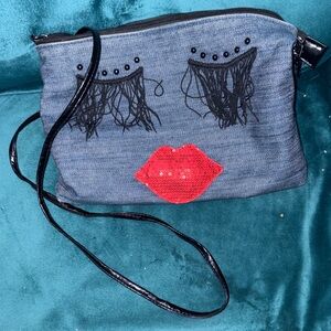 vintage Betsey Johnson Denim Crossbody Bag with Red Lips Design